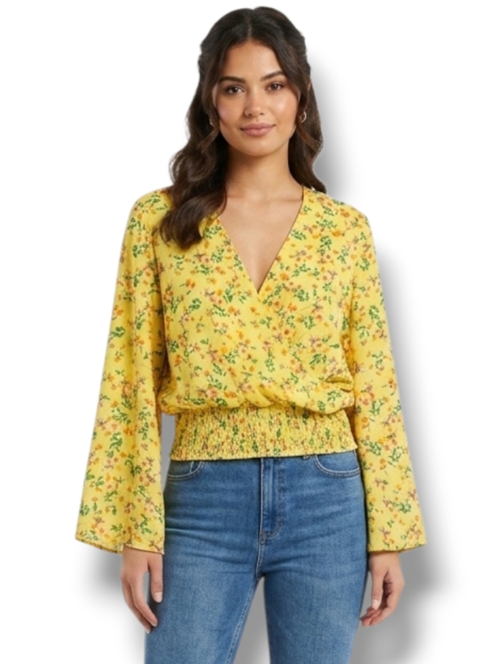 For the Republic Women’s Yellow Floral Long Sleeve Wrap Smocked Small Blouse